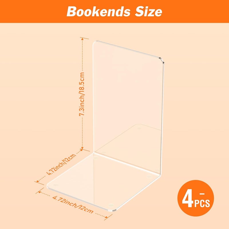 Dooiclear Acrylic Bookends 4 Pcs, Clear Book Ends for Shelves, Transparent Bookend Organizer, Book Holder Stand Decorative, Book Stoppers for Heavy Duty Books, CD, File, Video Games - Image 2